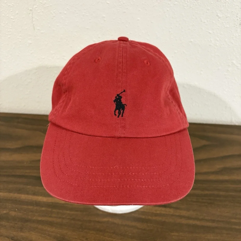 Vtg Polo Ralph Lauren Red Cotton Chino Baseball Cap Black Pony Logo Hat Spellout